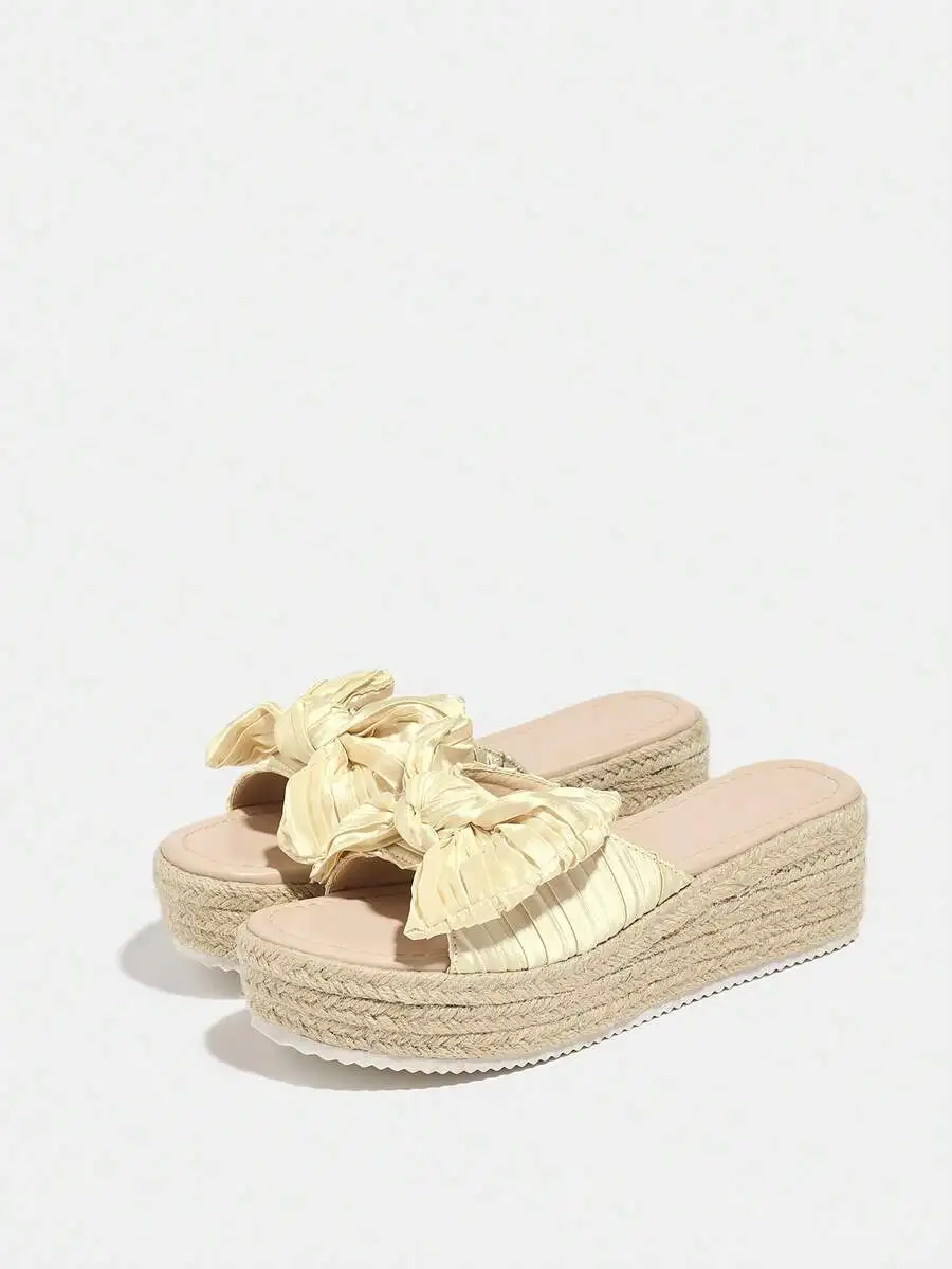 Espadrille Slip On - Pleated Satin Bow Espadrille Platform Slide