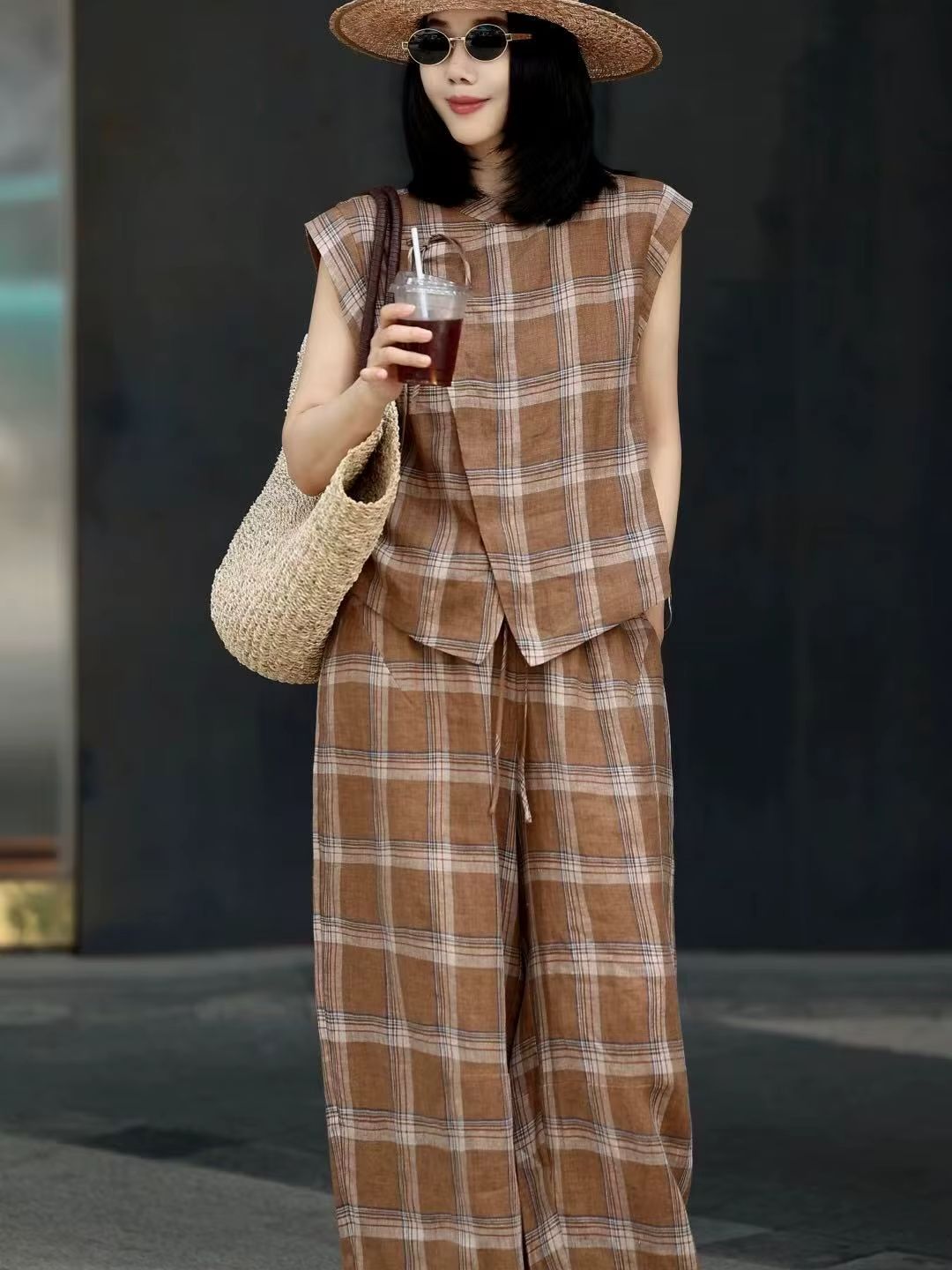 Short Linen Drawstring - Fashionable stylish high-end linen plaid wide