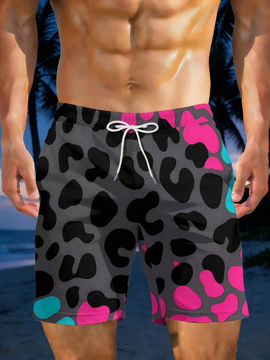 Swim Trunk Quick Dry - Bold Leopard Print Mens Beach Shorts
