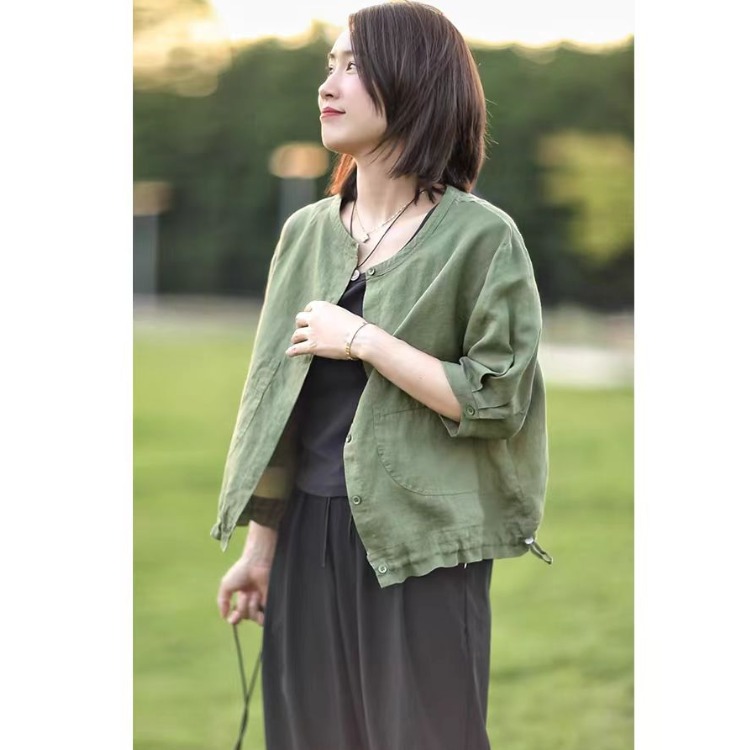 Short Linen Drawstring - Retro round Neck Cotton Linen Shirt
