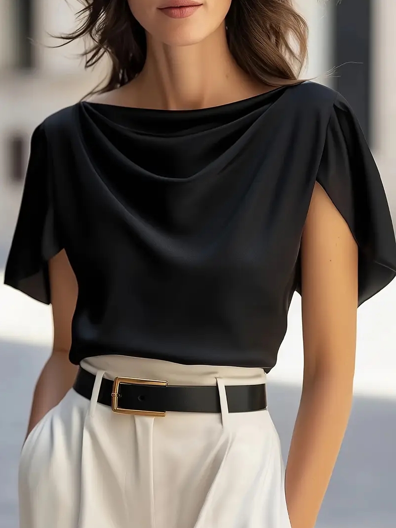 Shirt Camp Collar - Elegant Draped Collar Butterfly Sleeve Blouse