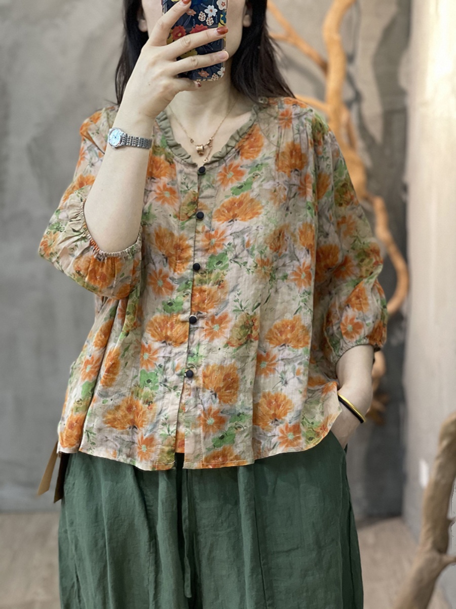 Large Size Women's Artistic Fl - Linen Shirt Breathable reseña y precio