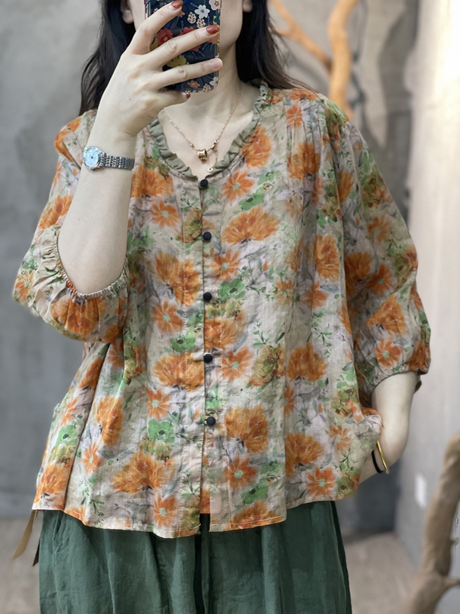 Large Size Women's Artistic Fl - Linen Shirt Breathable reseña y precio