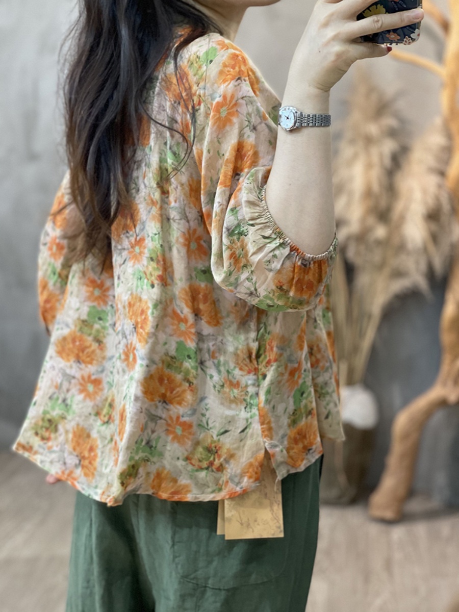 Large Size Women's Artistic Fl - Linen Shirt Breathable reseña y precio