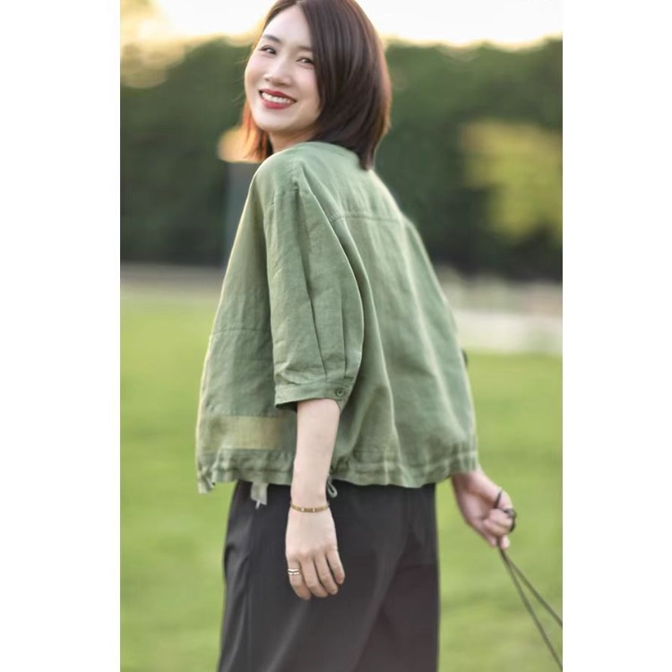Retro round Neck Cotton Linen  - Short Linen Drawstring reseña y precio
