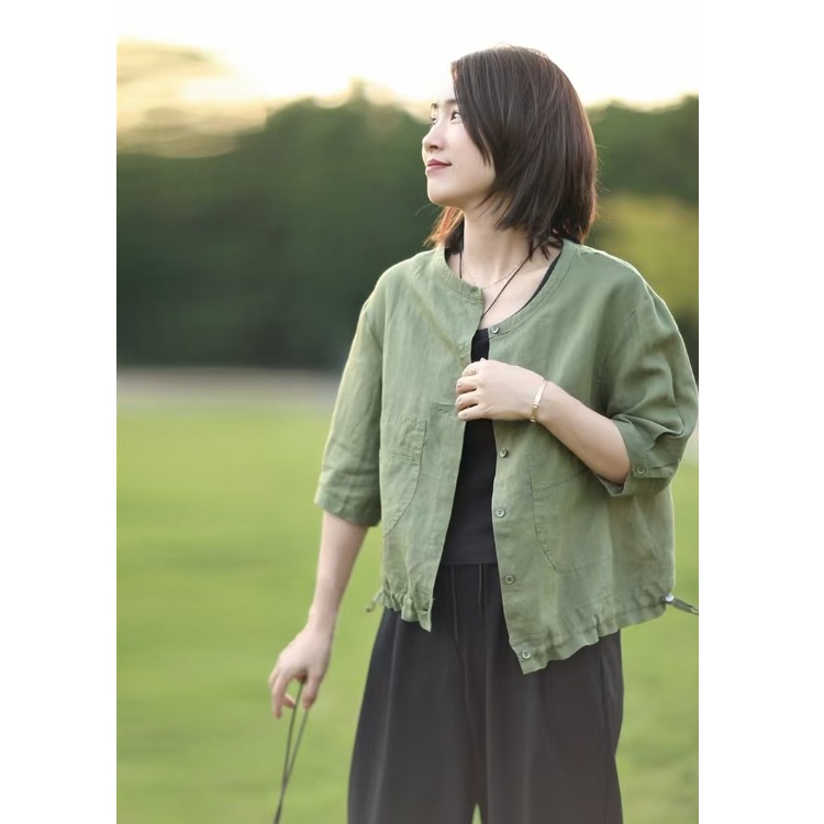 Retro round Neck Cotton Linen  - Short Linen Drawstring reseña y precio