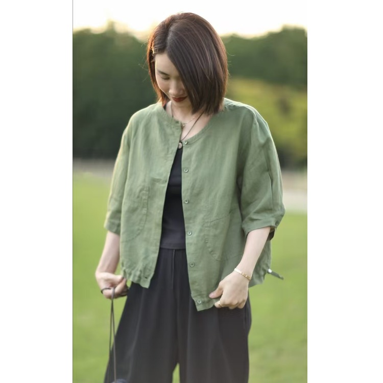 Retro round Neck Cotton Linen  - Short Linen Drawstring reseña y precio