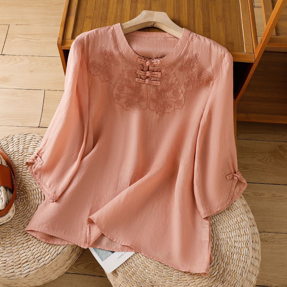 Chinese Style Round Collar But - Shirt Camp Collar reseña y precio