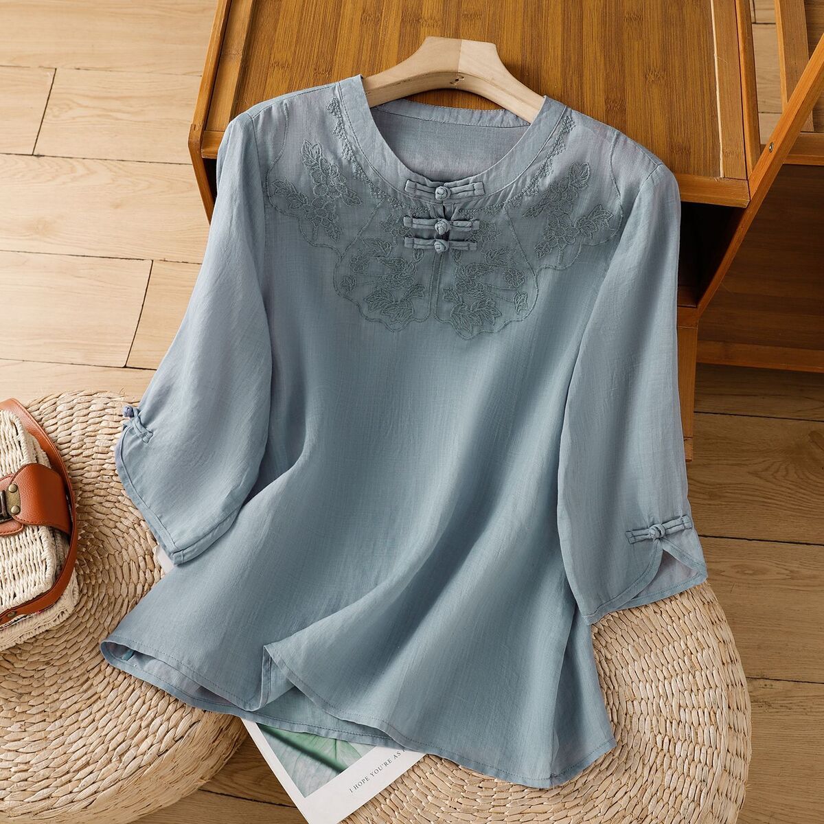 Chinese Style Round Collar But - Shirt Camp Collar reseña y precio