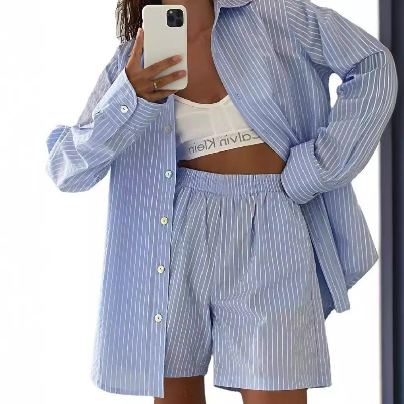 Women Striped Print Two Piece  - Linen Shirt Breathable reseña y precio