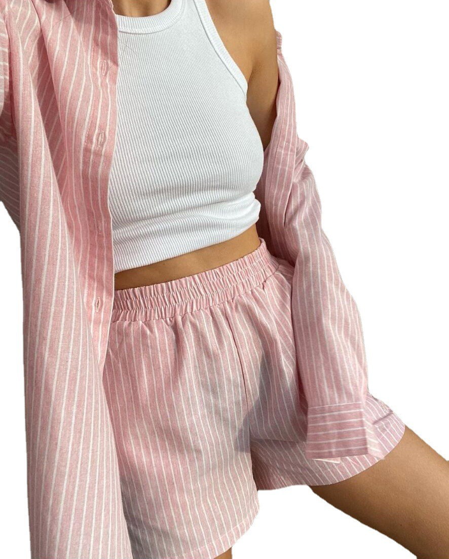Women Striped Print Two Piece  - Linen Shirt Breathable reseña y precio