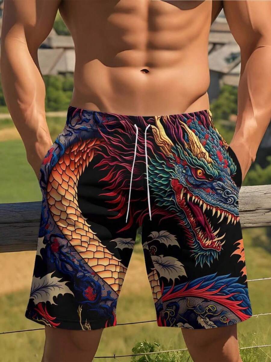 Mens Dragon Print Drawstring W - Swim Trunk Quick Dry reseña y precio