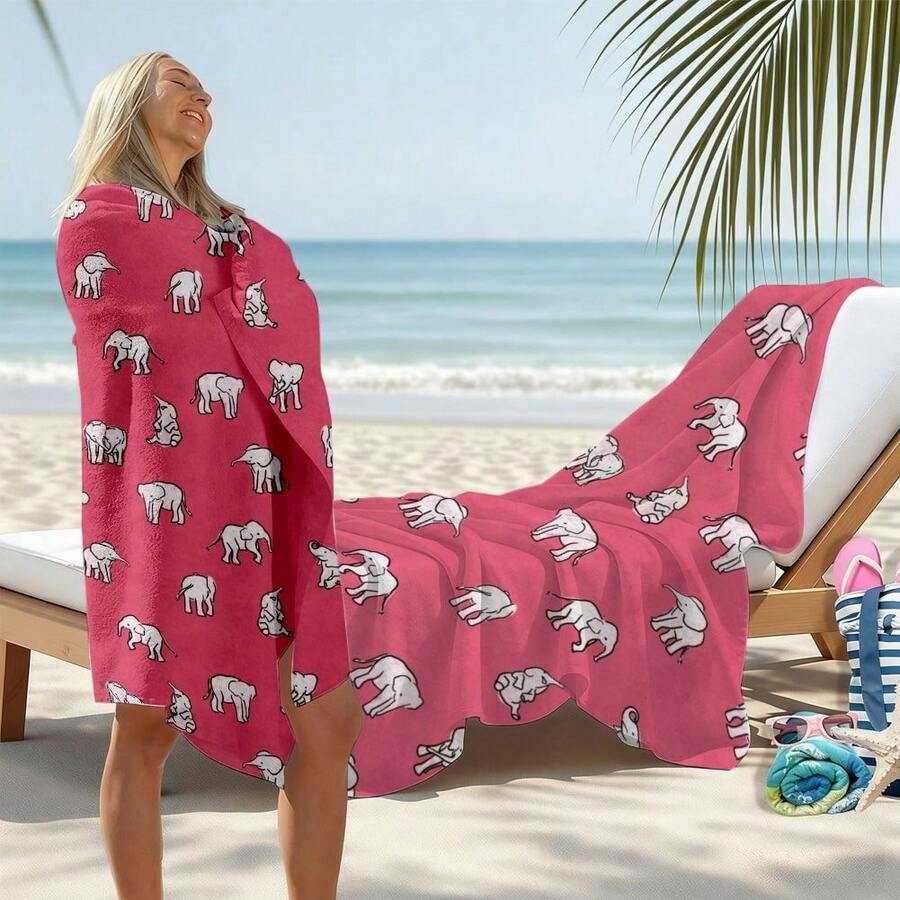 Elephant Pattern, Pink Backgro - Beach Towel Large reseña y precio